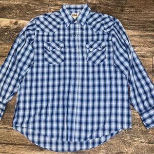 Pearl Snap Western Ely Cattleman Blue Plaid Men's Shirt Lightweight XL